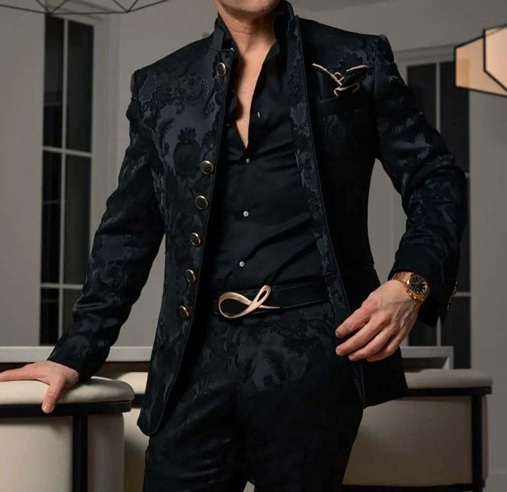 Formal Men's Suits 2 Pieces Blazer Pants Stand Collar Black Jacquard Set for Wedding Dinner Party Custom Tuxedos ﻿