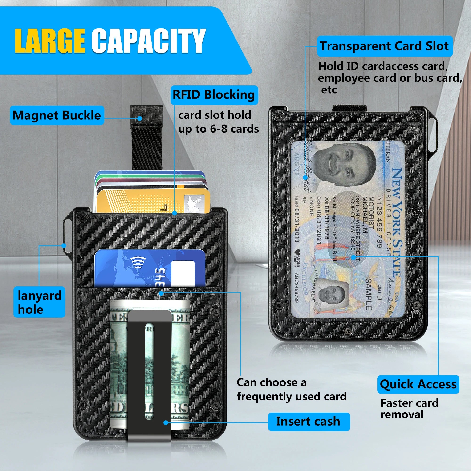 Billetera para hombre - Billetera de cuero de fibra de carbono delgada de aluminio, tiene capacidad para 10 tarjetas, tarjetero con portatarjetas de identificación transparente, clip para billetes