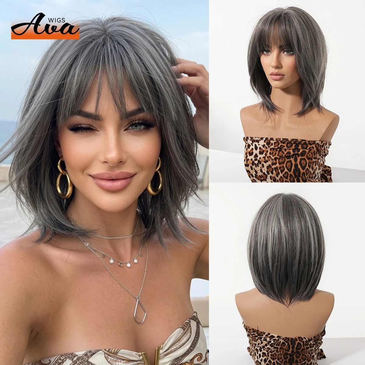 12 Inch Grey Layered Bob Wigs with Bangs for Women Synthetic Heat Resistant Straight Hair 7 Mesh Cap Breathable Adjustable Daily Party Cosplay Wigs