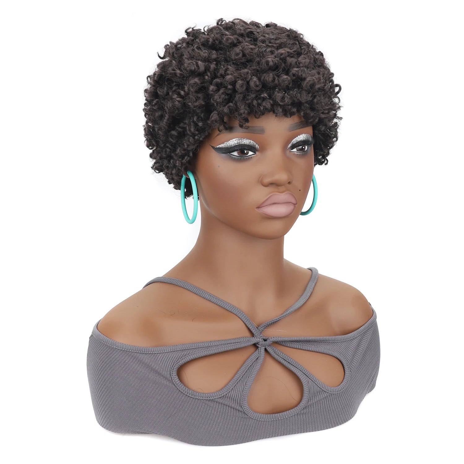 Short Mini Afro Kinky Curly Wigs Synthetic Tiny Spring Curl Pixie Wig with Bangs for Black Women Daily Cosplay