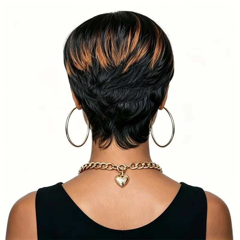 Straight Human Hair Wig Pixie Cut Human Hair Wig With Bangs Full Machine Made Wig Ombre Colored Wig