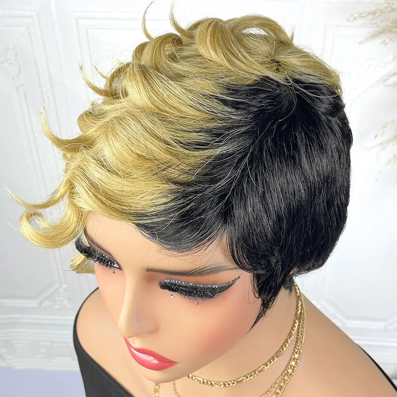 Cheap Pixie Cut Wigs Human Hair Short Human Hair Wigs for Women Full Machine Wig Ombre Highlight 1B/27 Short Wigs On Sale