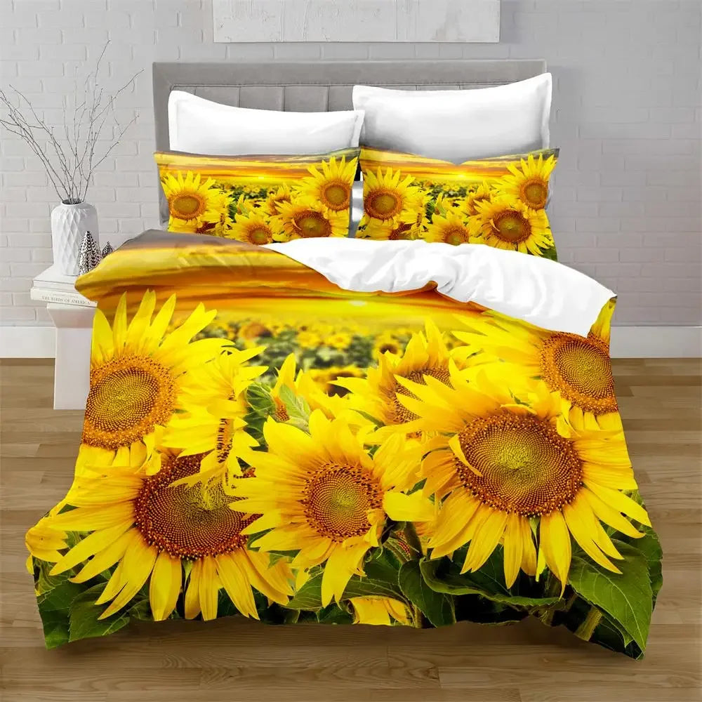Juego de funda nórdica de girasol, flores amarillas, exuberantes girasoles en el campo, juego de cama de microfibra, estampado floral botánico, funda de edredón