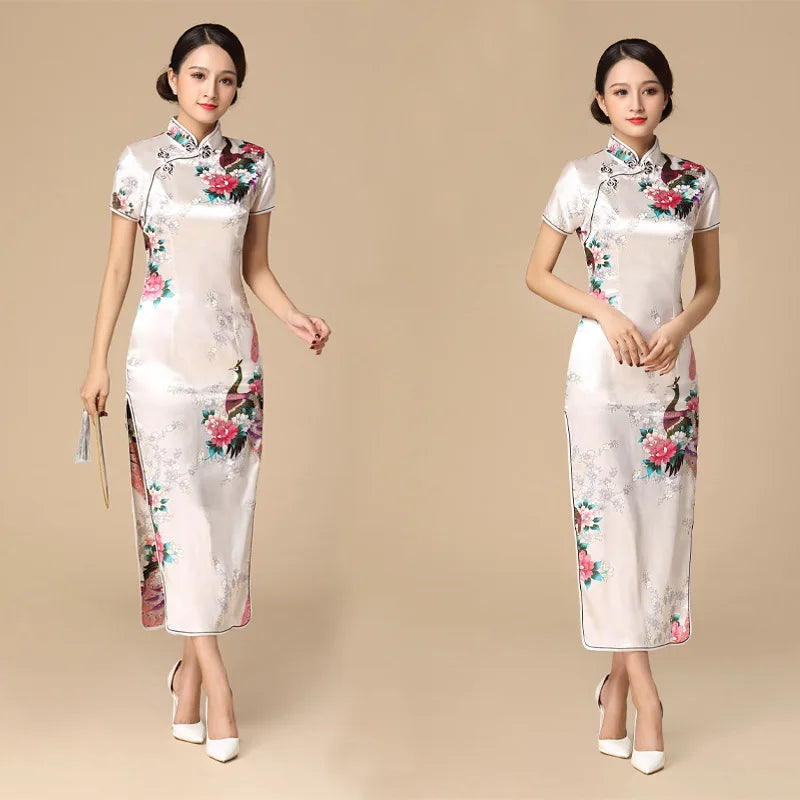 Print Satin Qipao Lady Elegant Dresses Sexy Cheongsam Chinese Tradition Style Dress Summer New Long Qipaos Plus Size 4Xl5Xl6Xl