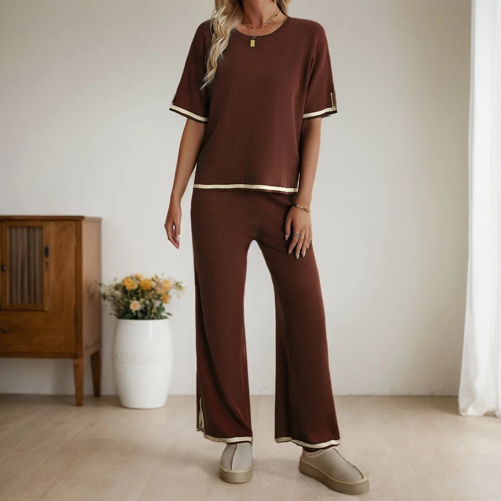Conjunto de dos piezas de ropa de mujer, moda primavera verano, informal, cuello redondo, blusa de manga corta, pantalones de pierna ancha a juego