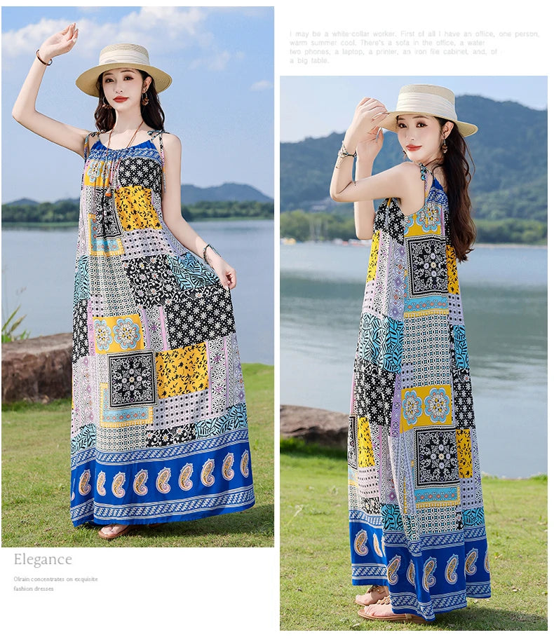 New Fashion Hot Summer Dresses For Women  Casual Flower Print Floral Sleeveless Dress Vintage Dress Loose Women Clothing