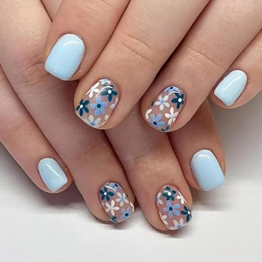 24pcs/box Glossy Short Square Fake Nails Colorful French Tip Press On Nails Flower Pattern Spring Summer False Nails For Women