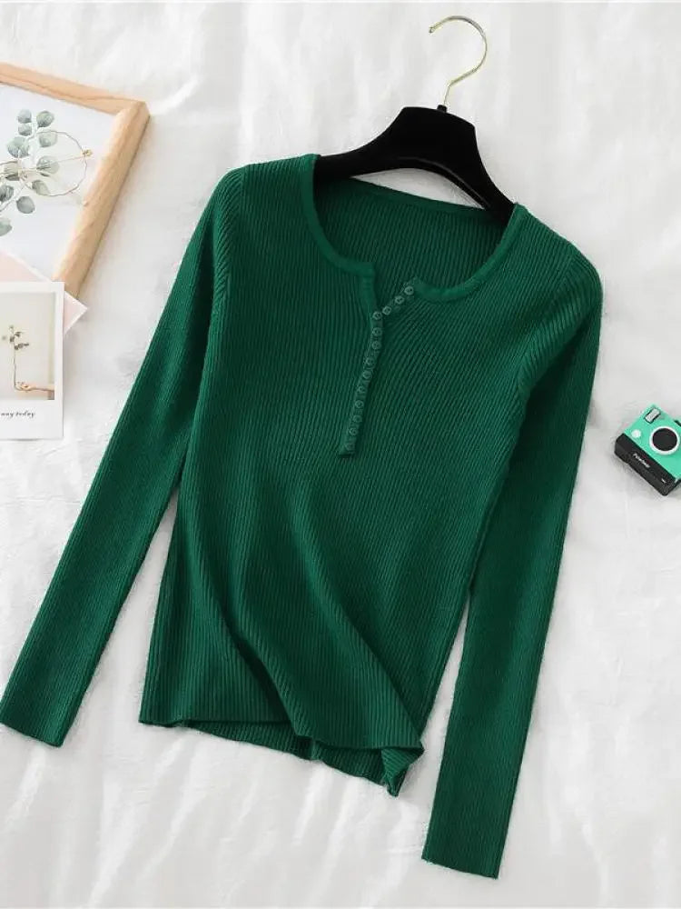 Korea Autumn Winter Button V Neck Sweater Women Basic Slim Pullover Women Sweaters And Pullovers Knit Jumper Soft Warm Tops
