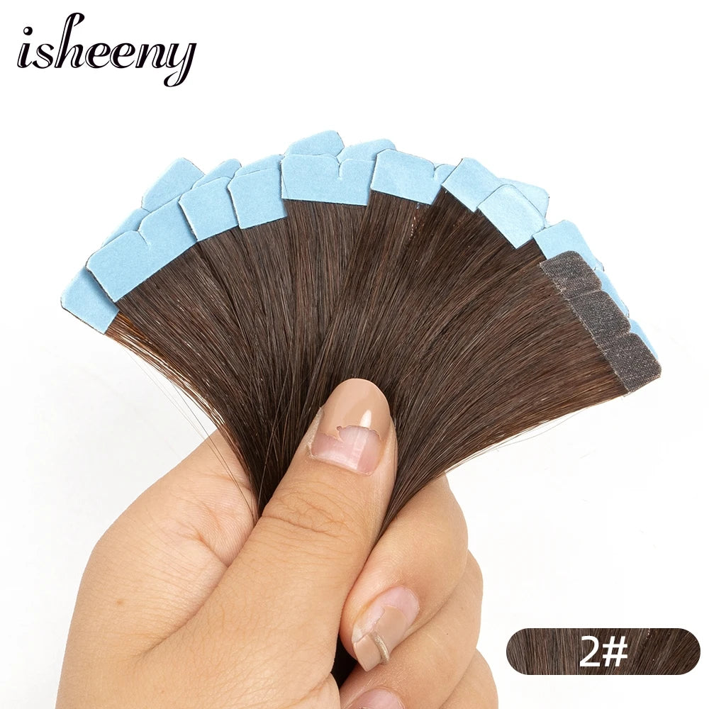 Isheeny 12"-24" Mini Tape Hair Extensions Machine Remy Human Hair Adhesive Tape In Human Hair Natural Straight 10pcs/pack