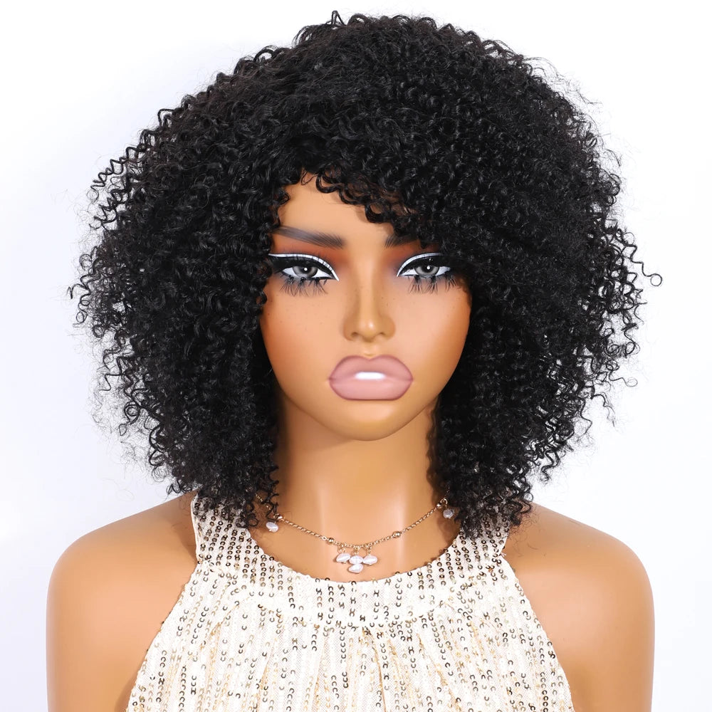 Highlight Short Kinky Curly Human Hair Wigs with Bangs Glueless Wig Brazilian Remy Short Curly Bangs Wig Human Hair for Women