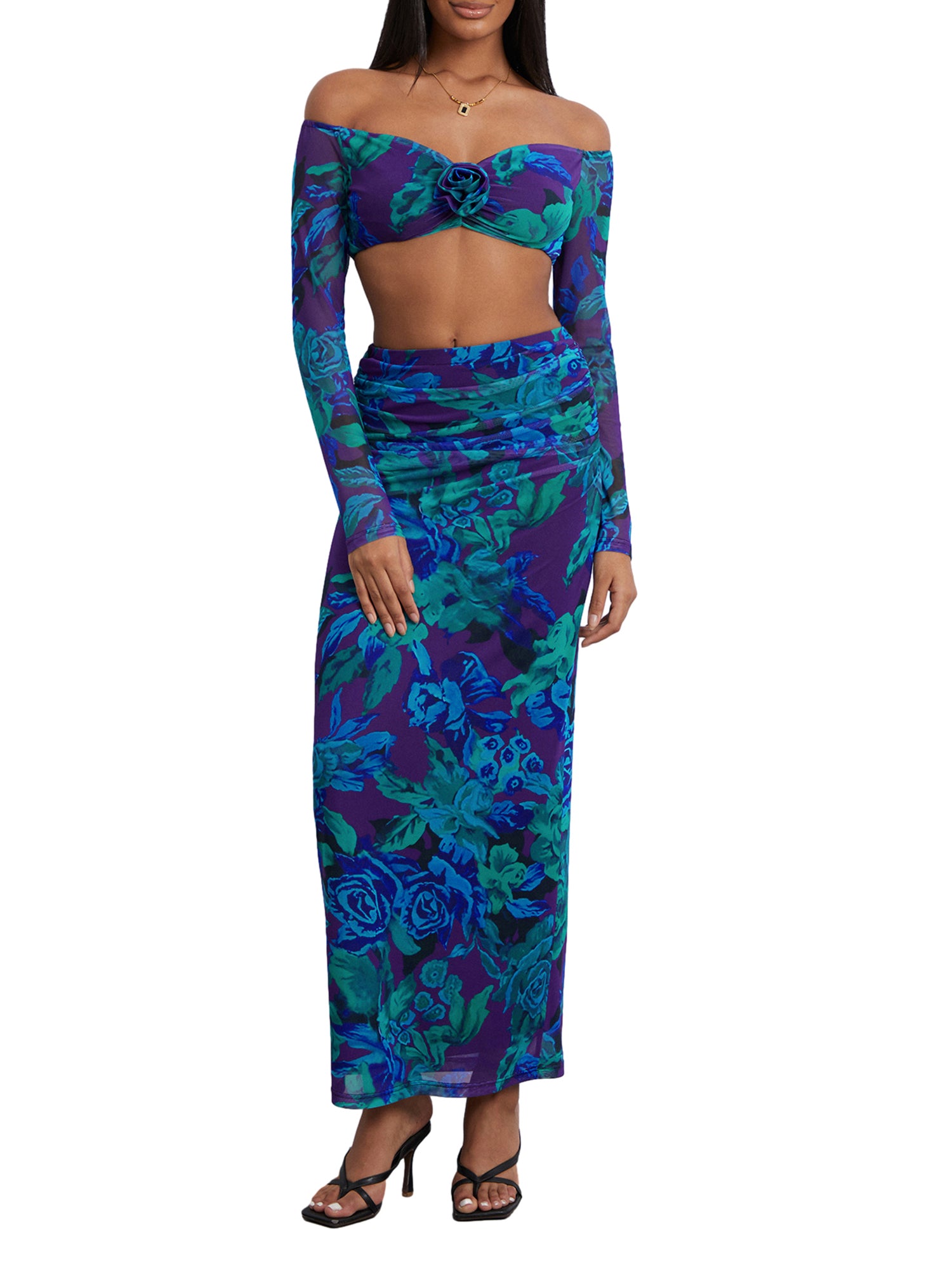 Women Skirt Set Flower Print Long Sleeve Off-shoulder Crop Top with High Waist Long Skirt Fall Outfit