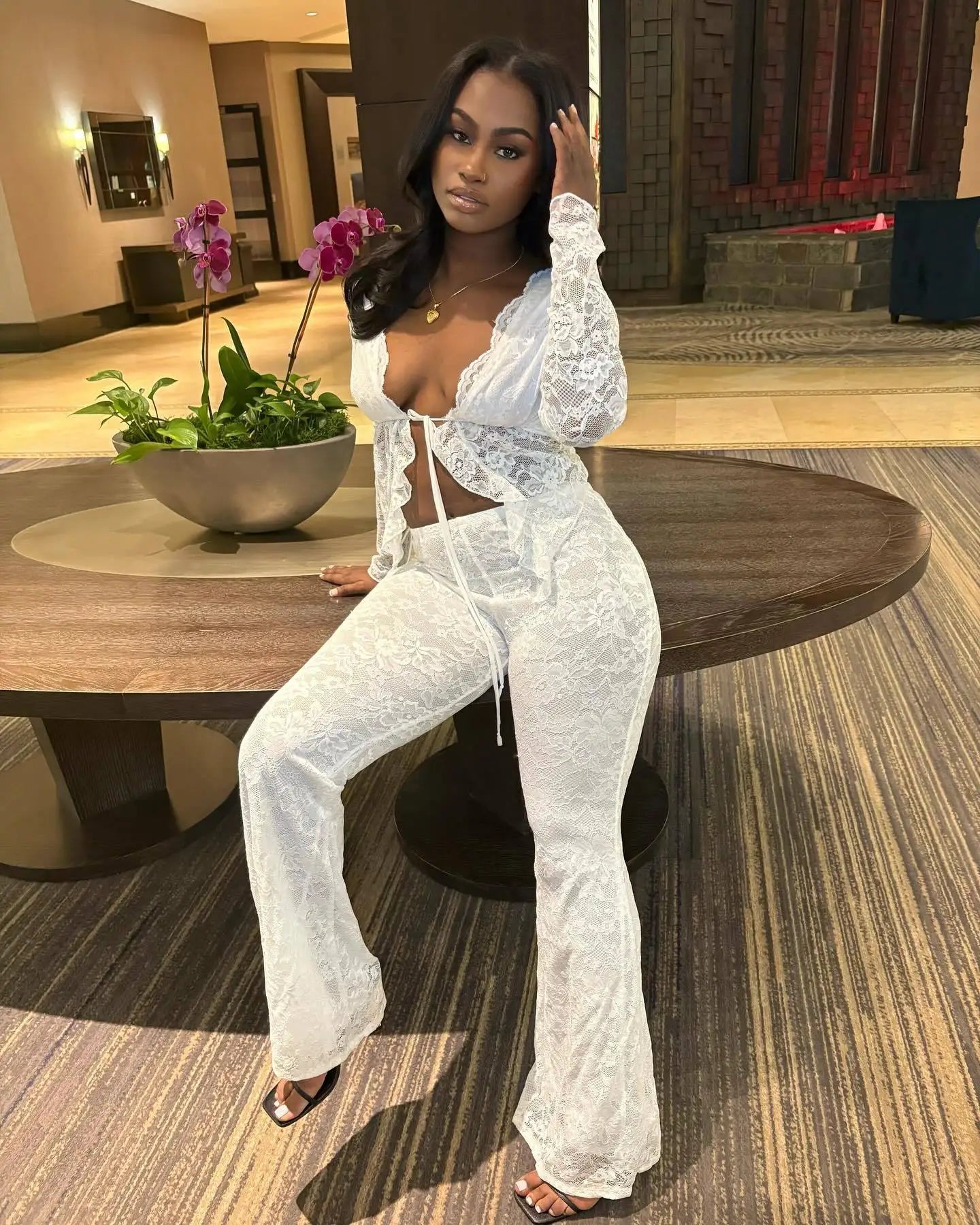 Pant Sets Women Two Pieces Cardigan Lace Sexy Tops Tracksuit Full Wide Leg Pants Loose Fit Casual Spliced High Waist Solid