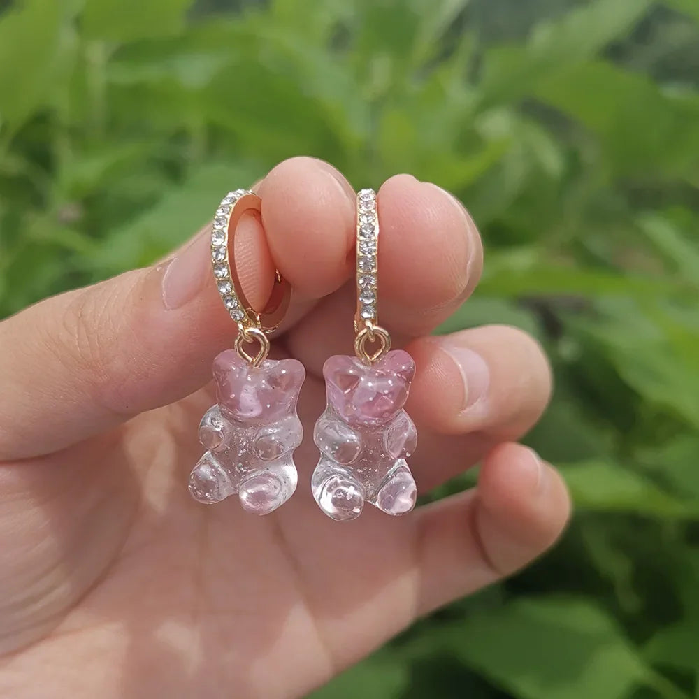 Pendientes colgantes de oso de gominola de acrílico bonitos para mujer, pendientes de aro de oso arcoíris CZ, joyería dulce de niña, moda coreana 2022