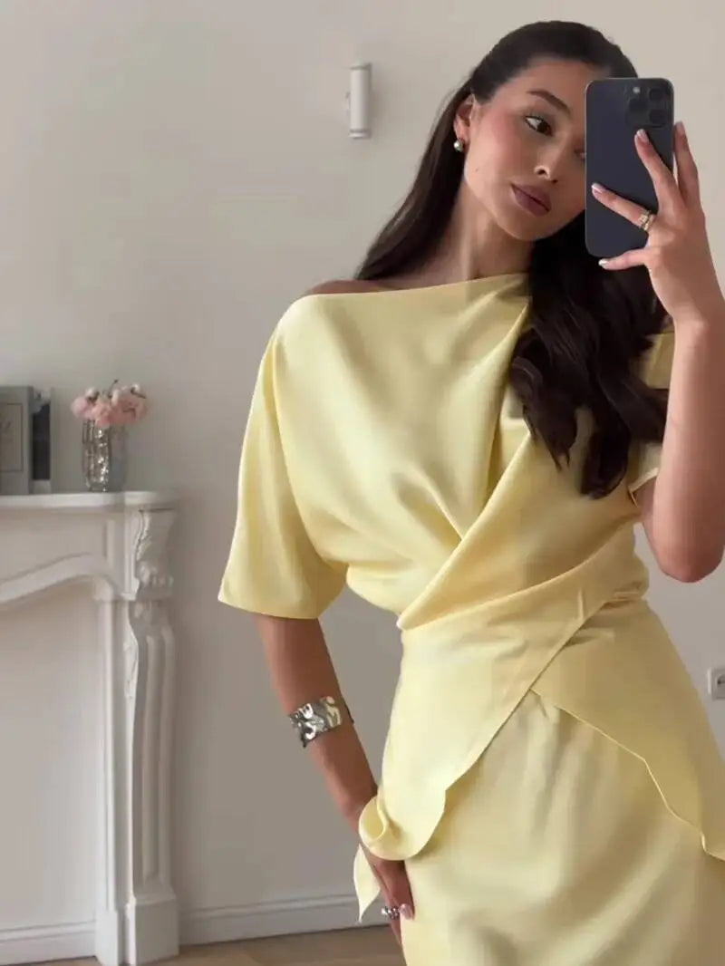 Elegant Solid Satin Tops Skirt 2 Piece Set Women's  New Stylish Lace Up Top High Waist Mermaid Skirt Office Lady Chic Outfit