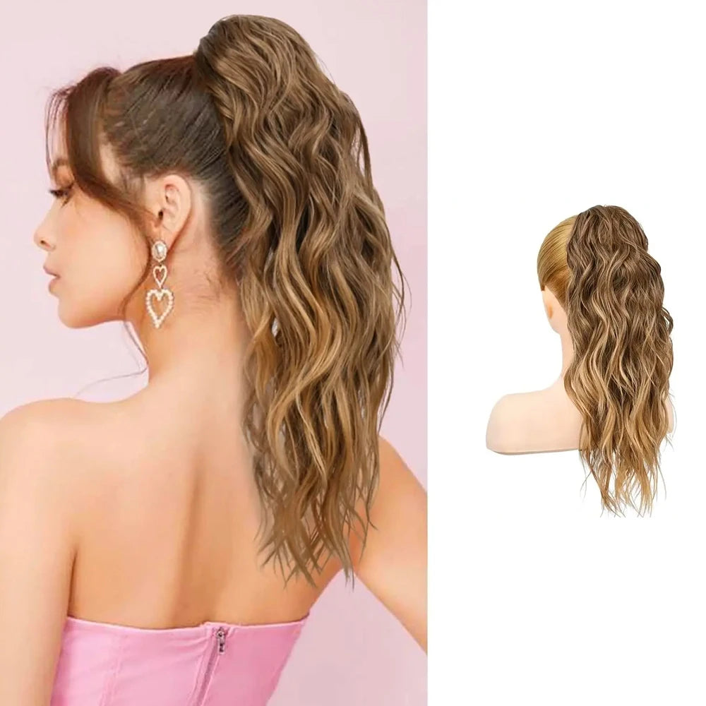 18" Wavy Claw Clip in Ponytail Hair Extensions Curly  Synthetic Fake Pony tails Hairpieces-Ash Brown with Blonde Highlights