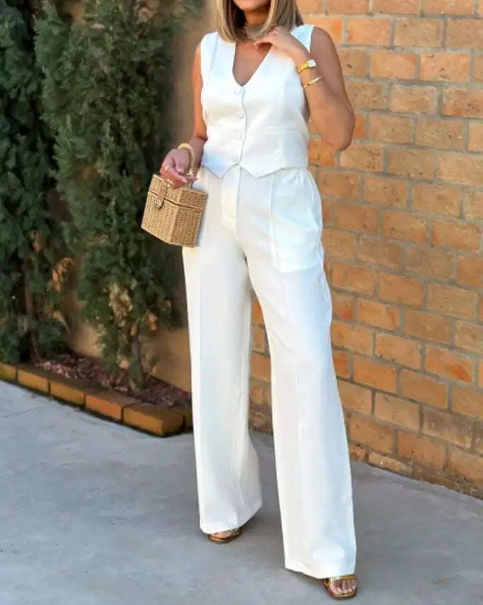 Buksesett Dame Vide Benbukser Todelt Dress Enkeltbrystet Veterans Ermeløs Høy Liv Elegante Bukser Lommer Ensfarget Yttertøy