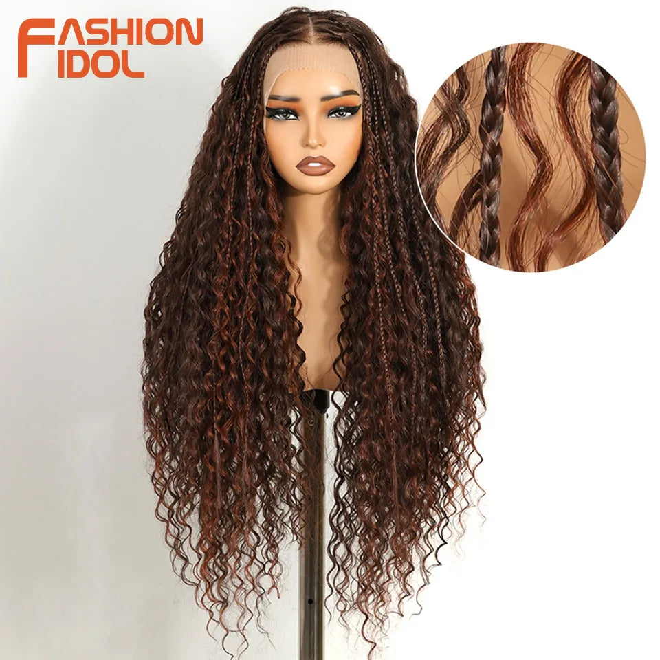 FASHION IDOL 13X4 Box Twist Braided Lace Wig For Black Women Synthetic Lace Frontal Wigs Blonde Faux Locs Wig Goddess Braids Wig