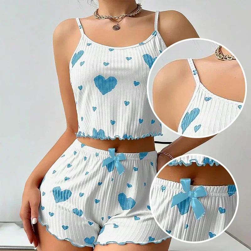 Sexy Women's Pajamas Set Sleepwear 2 PCS Short Tank Tops And Shorts S M L White Ventilate Soft Casual Love Printing