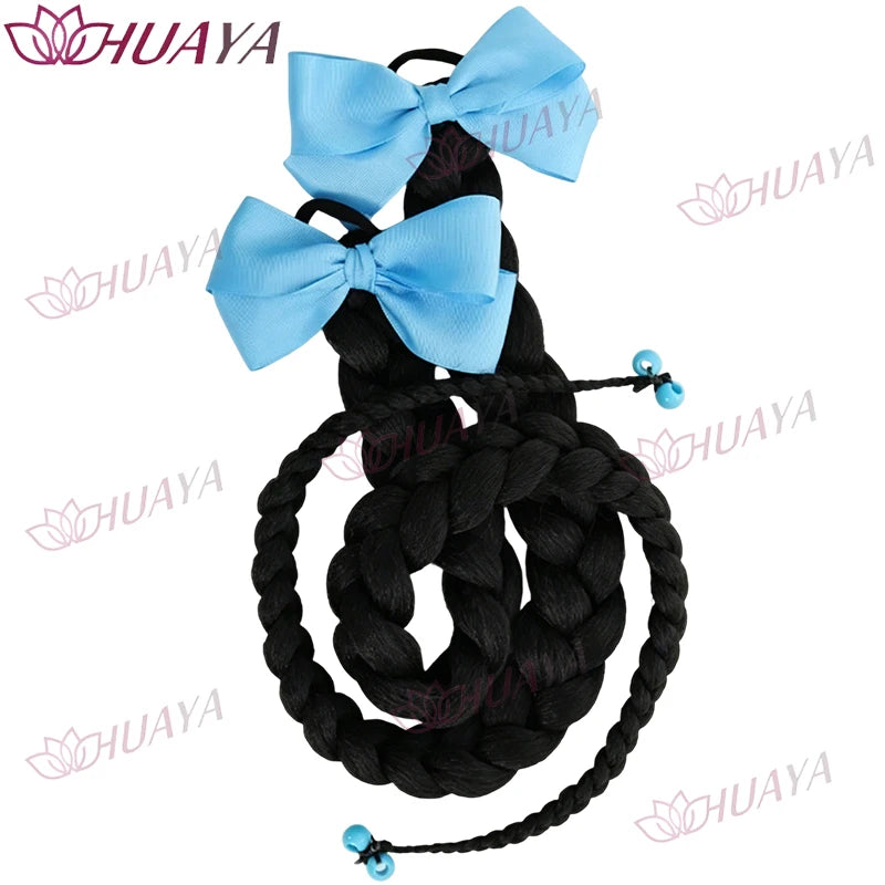 2‑Pack Women's Synthetic 24‑Inch Long Black Braid Ponytail Hair Extensions, Bow Hair Ties, Straight Braid Hair Pieces, Re‑Stylab
