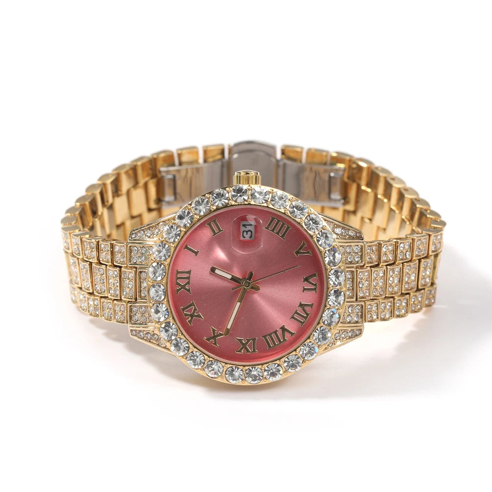 Uwin Women's Watch Baby Pink Iced Out Quartz Clock Small Dial Luxury Rhinestone Waterproof Wrist Watch Small Size For Women