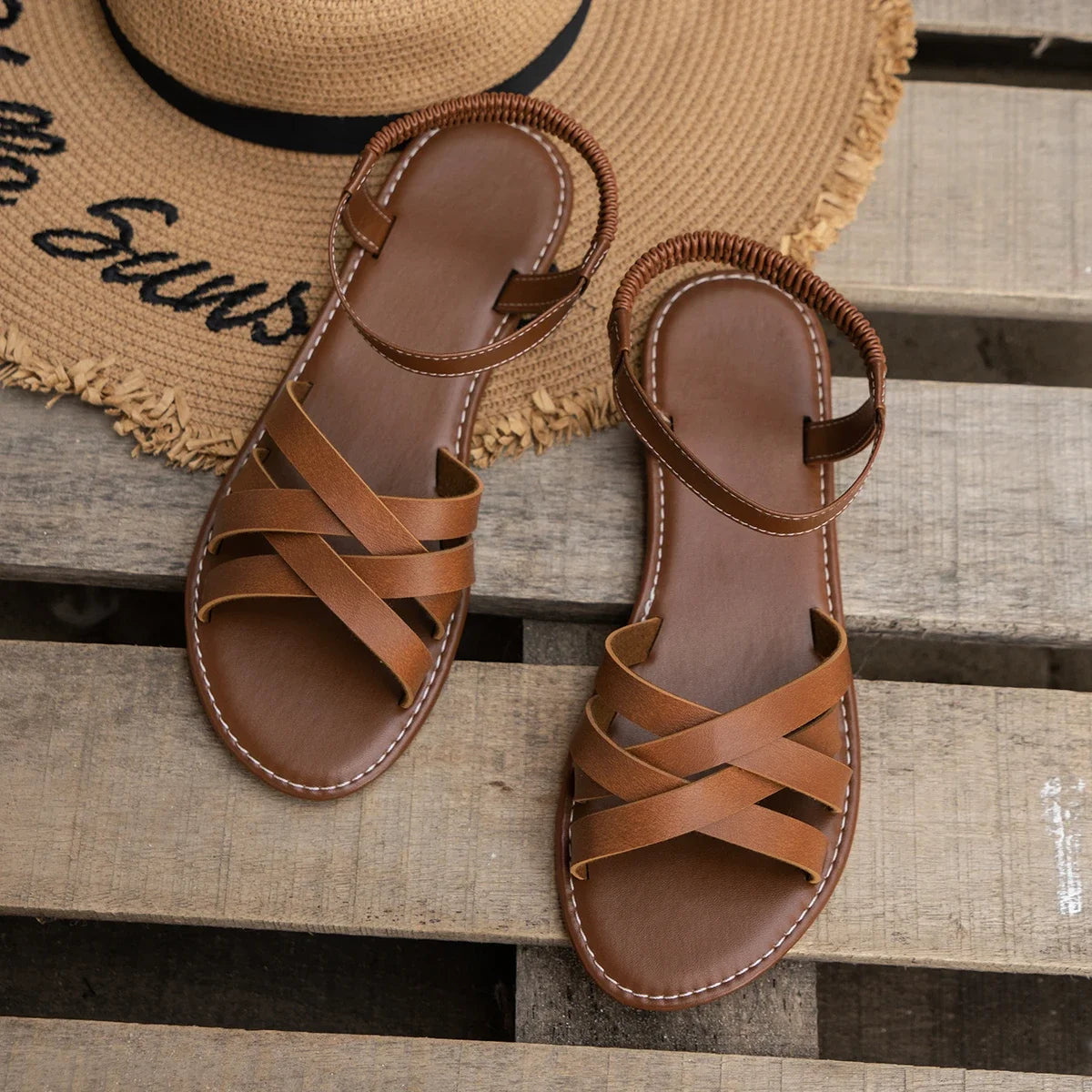 Shoes for Women Summer New Women Flat Sandals Bottom Roman Strap Sandals with Non Slip Rubber Soles Ladies Daily Sandalia