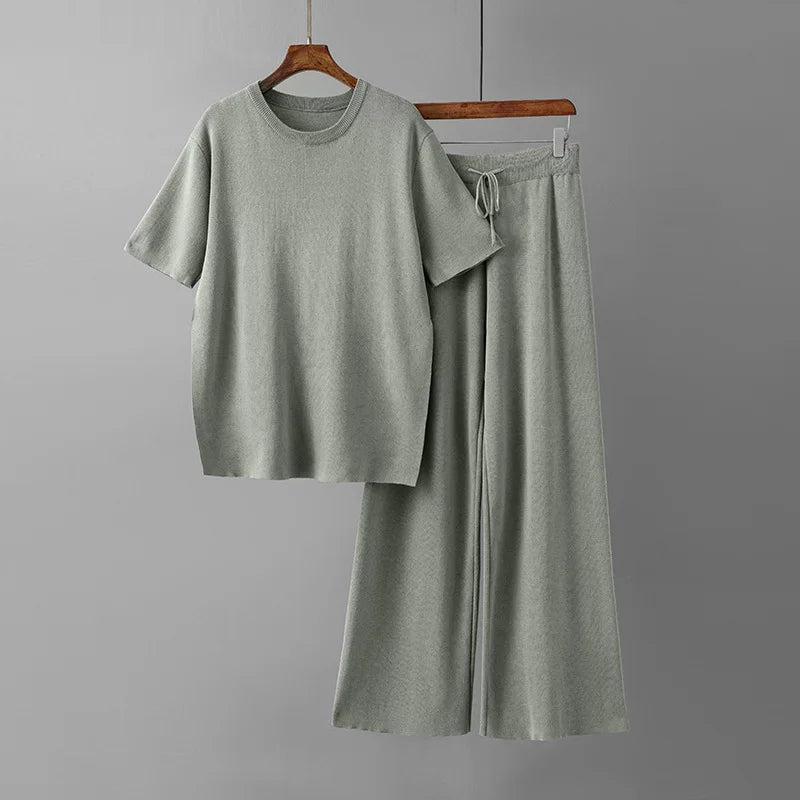 Pants Suit Women V-neck Loose Split Knit Tops Fashion Two-piece High Waist Straight Casual Pants Two Piece Sets Womens Outifits