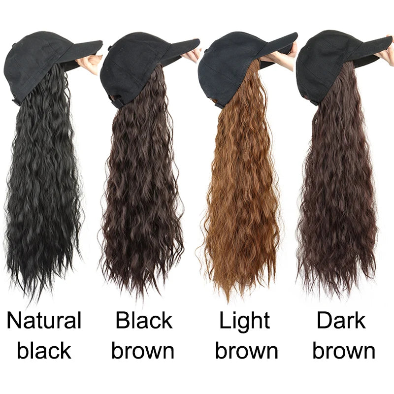 24Inch Synthetic Long Kinky Curly Hat Wig Baseball Cap Adjustable Breathable Hair Extension Wig for Women Easy to Wear