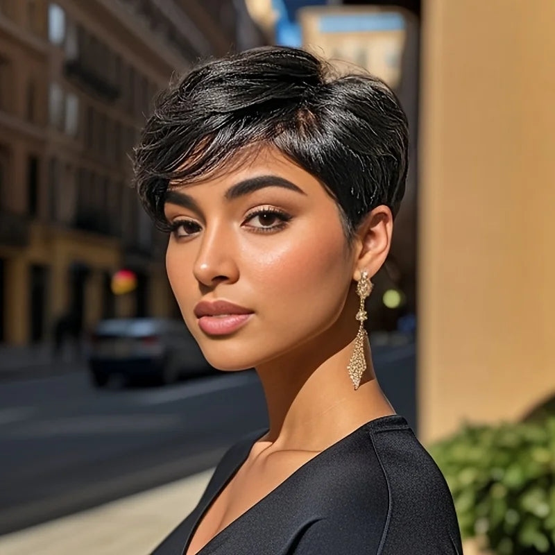 Short Pixie Cut Bob Wig 100% Human Hair Wigs with Bangs Layered Wavy Wigs for Women Full Machine Made