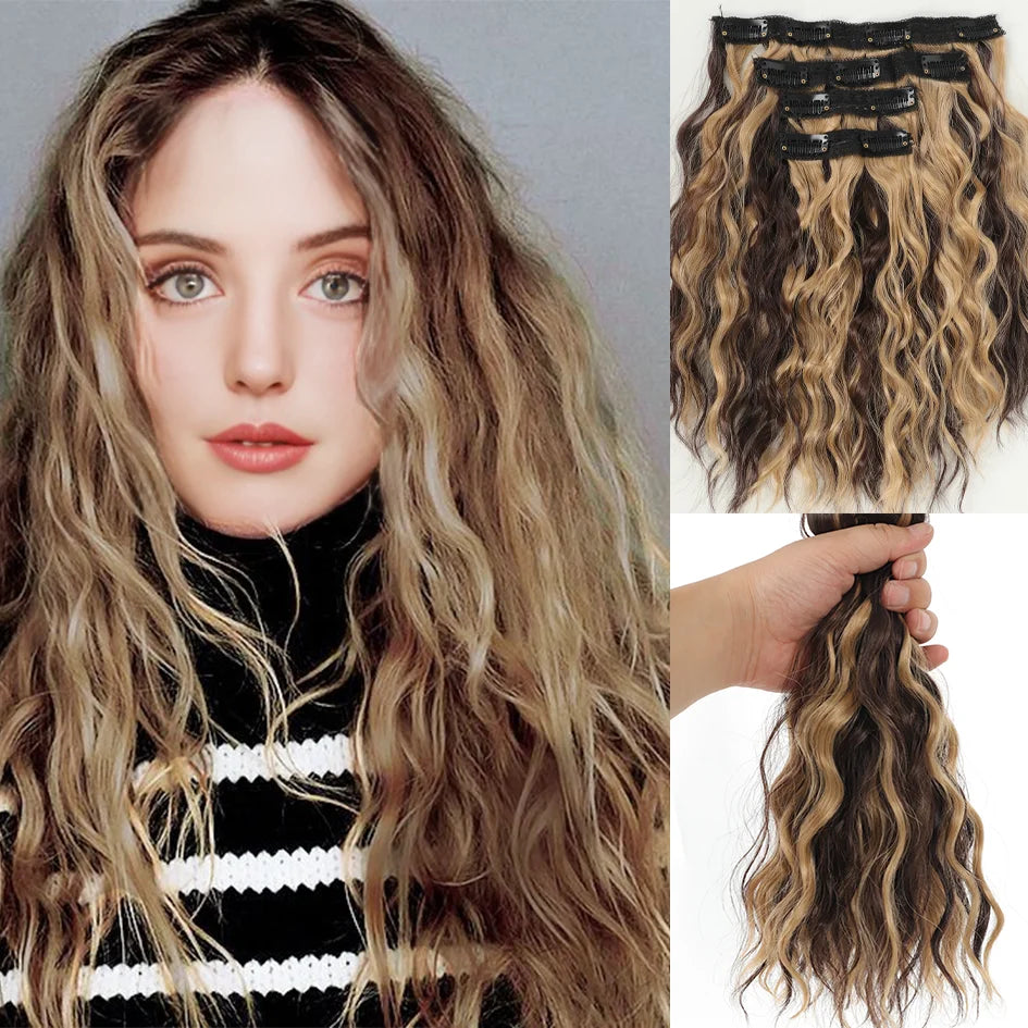 Synthetic women's wig 12 inches 4 pieces/set short roll hair extensions, wavy hair extensions, wavy hair extensions, honey gold
