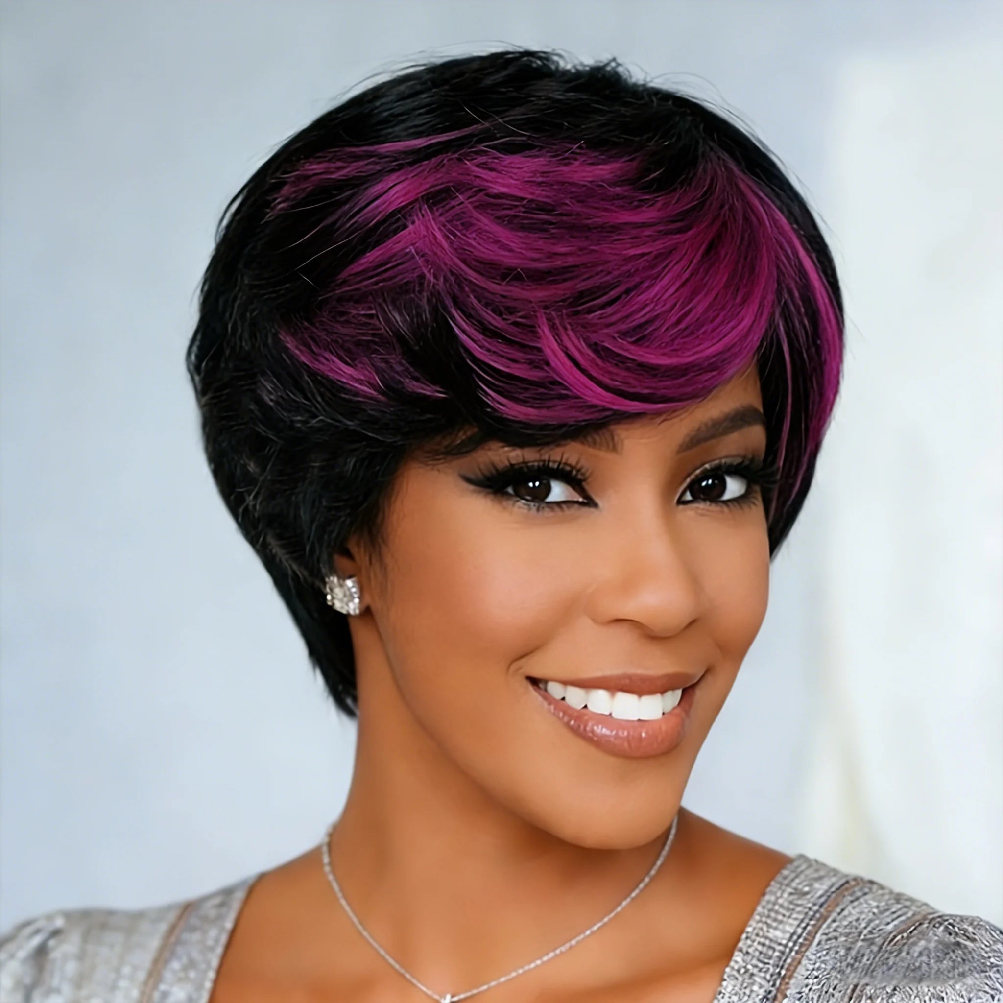 Pixie cut Straight Human Hair Short Wig for Women 1B Purple Full Machine Made Wig For Women