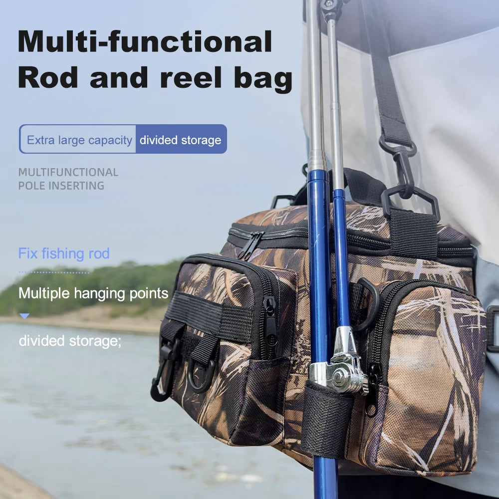 Mochila de pesca, caja de señuelos, bolsa de almacenamiento de aparejos, riñonera para hombres, mochila de pesca con mosca con soporte para caña, bolsa de hombro.