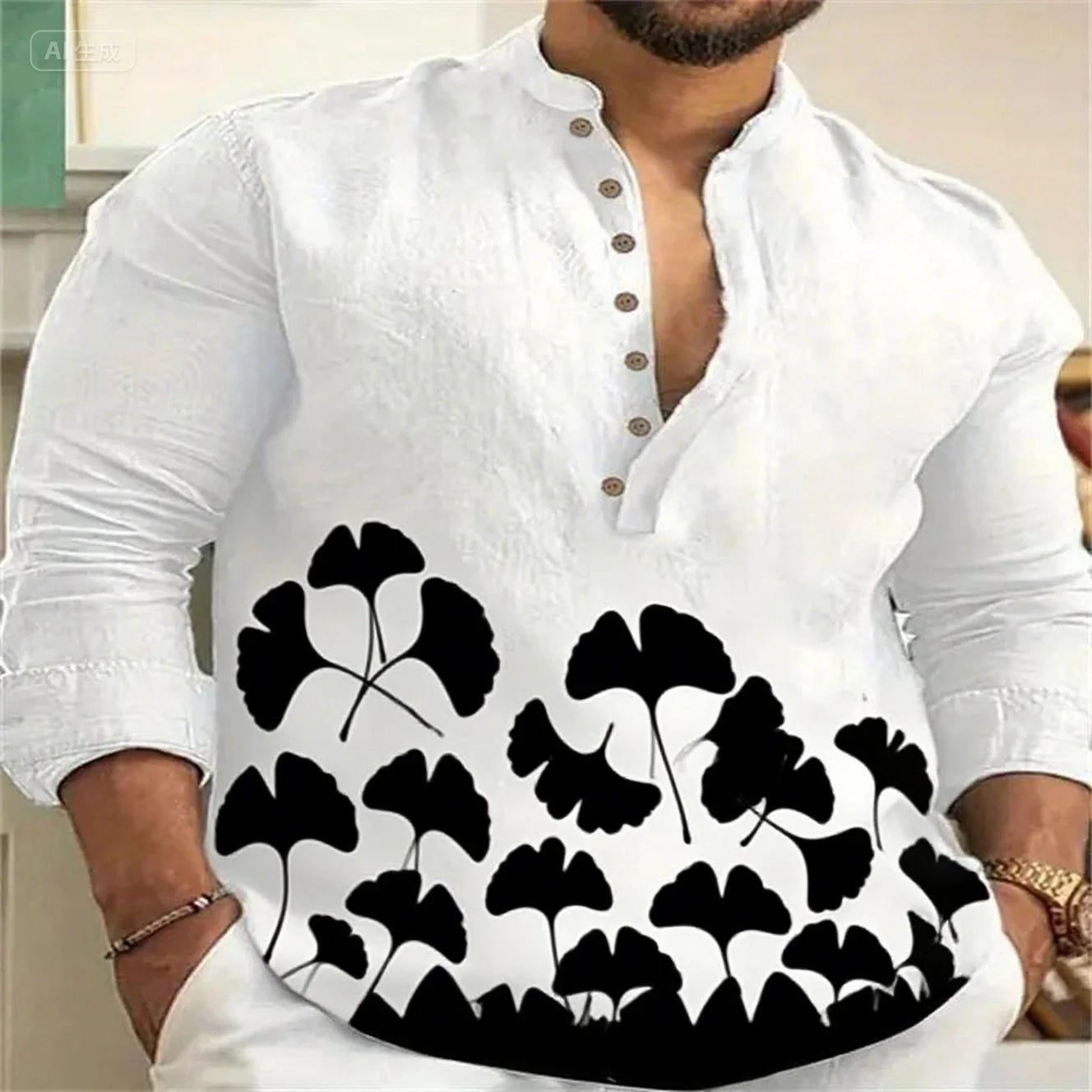 Newest linen long-sleeved simple atmospheric vegetation pattern high-quality casual shirt XS-6XL fast delivery