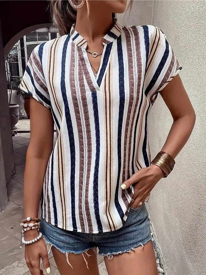 Women's Tops Blouses New Summer Casual Fashion Striped Print V-neck Short Sleeve Shirt Elegant Women Shirts Tops Streetwear