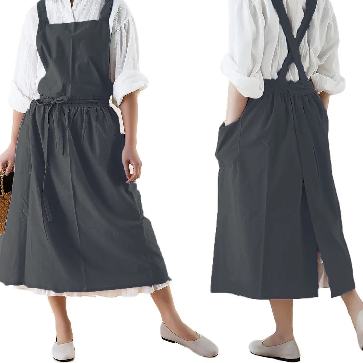 Waterproof Women Girls Vintage Apron Adjustable Gardening Works Cross Back Cotton/Linen Blend Aprons Pinafore Dress