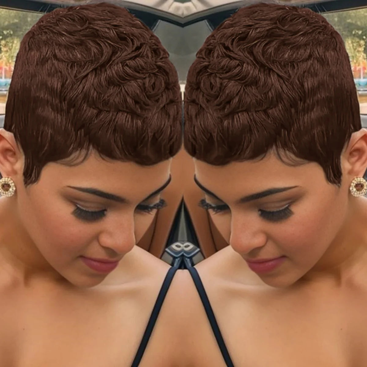 Peluca de corte pixie corto, cabello humano liso brasileño, hecha completamente a máquina, fácil de usar
