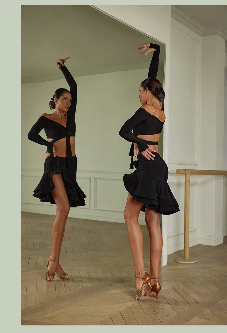 Sexy Off Shoulder Latin Top Ruffled Skirts Latin Dance Costume Stage Performance Clothes Samba Tango Dance Wear Set for Women