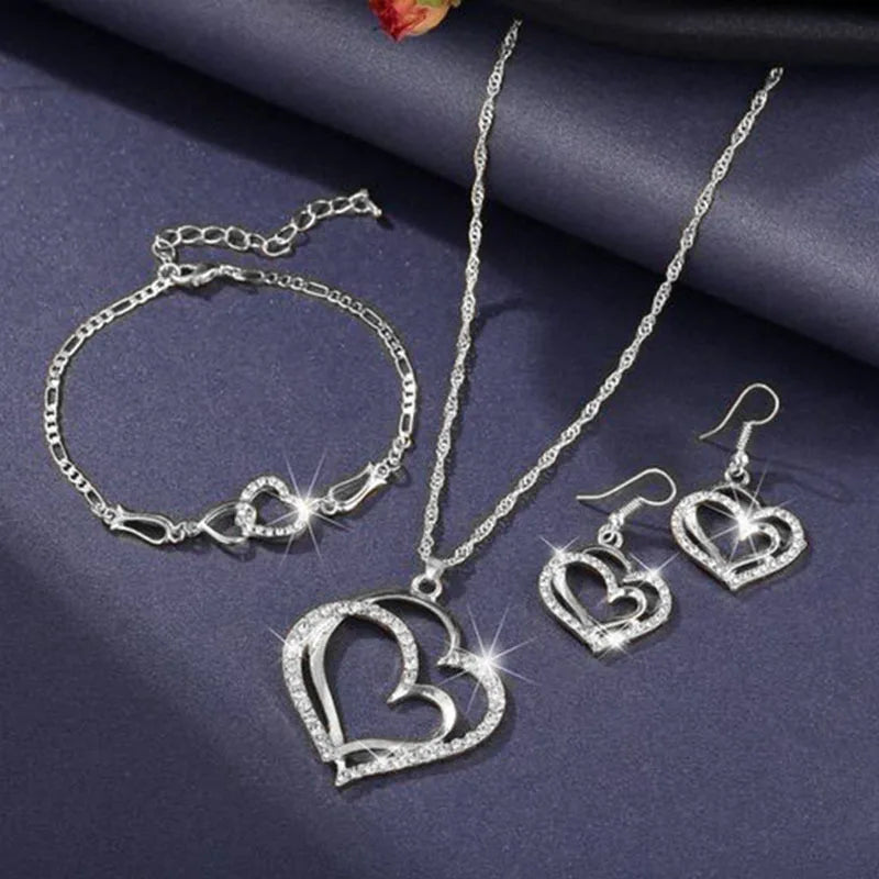 Women's Fashion Double Heart Jewelry Set Girls Delicate Necklace Earrings Bracelet Trendy Accessories Anniversary Wedding Gift