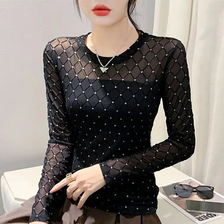Women Clothing Spring Autumn Korean Fashion Sexy See Through Mesh Rhinestone Basic T Shirt Elegant O Neck Long Sleeve Slim Tops