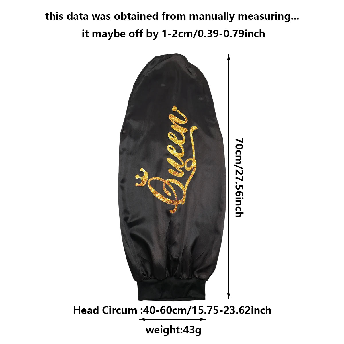 Queen Design Satin Bonnet - Black Long Sleeping Cap for Curly Hair, Lightweight Soft Polyester Protection Cap for Nighttime & D