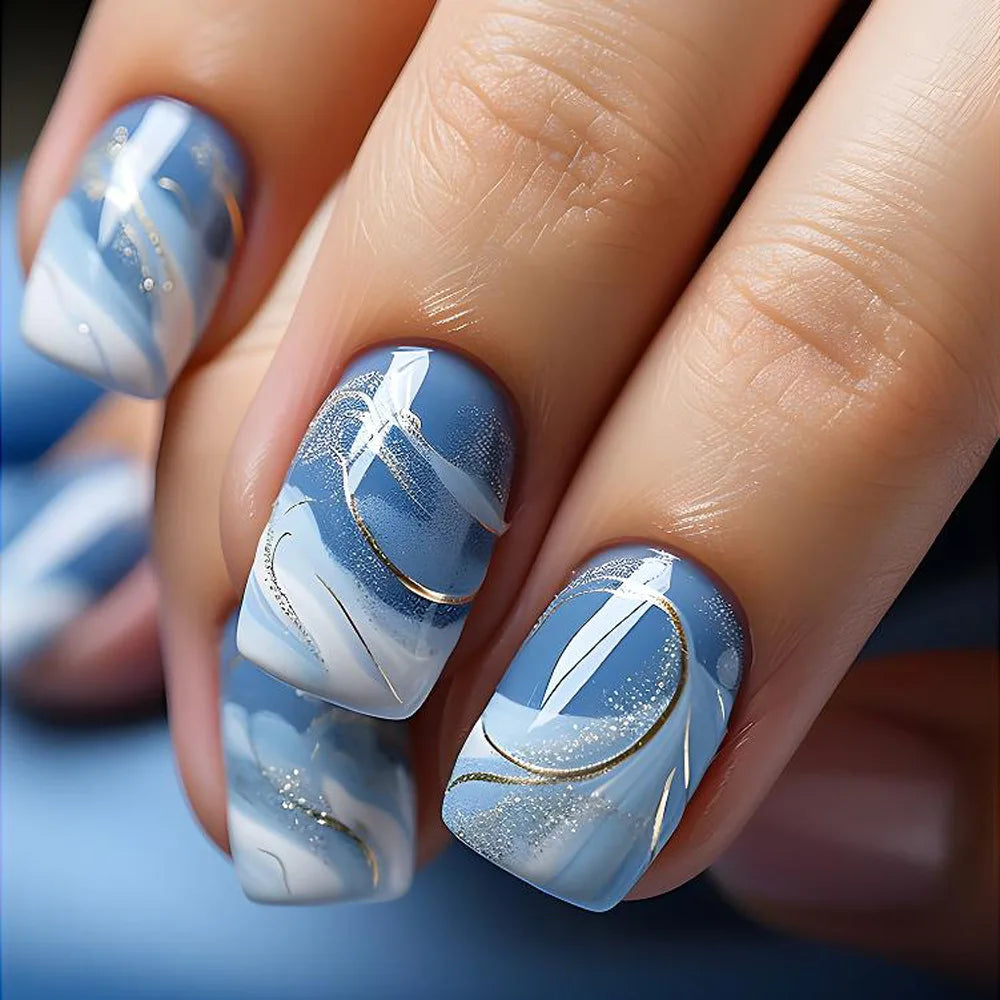24Pcs Simple Fake Nail with Broken Diamond Short Square Press on False Nails Gradient White Wearable Ballet Full Cover Nail Tip