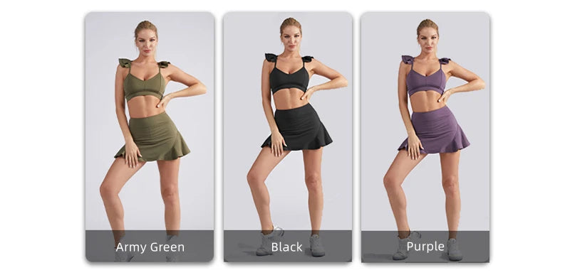 Two Piece Set Women, Yoga Gym Running Badminton Skirt Suit, Crop Top, Sports Bra, Stacked Shorts, Tennis Skirt, Workout Clothing