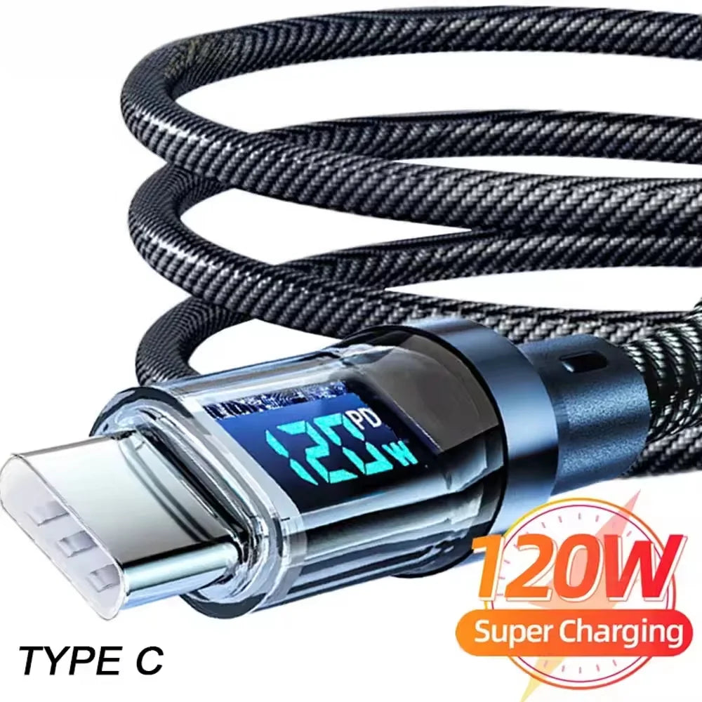 Câble USB-C vers USB-C 120W, câble de charge ultra-rapide pour téléphone avec affichage LED, câble de données USB vers Type-C pour Xiaomi Samsung Huawei