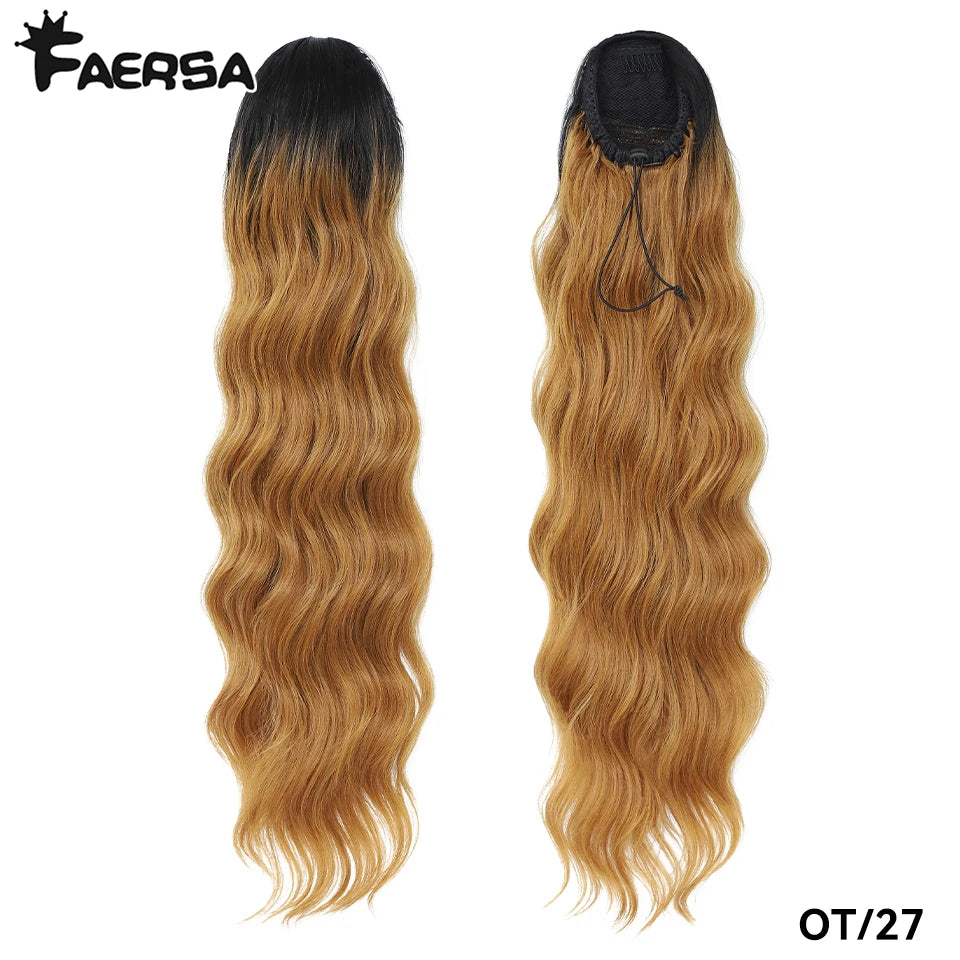 Queue de cheval à cordon de serrage de 28 pouces Extensions de cheveux synthétiques pour femmes noires Longue queue de cheval ondulée à clipser haute température pour femme afro