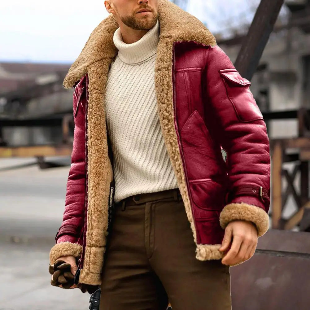 Faux Fur Faux Leather Men Jacket Thickened Plush Lining Winter Men Jackets Vintage Lapel Furry Coldproof Keep Warm Winter Coat