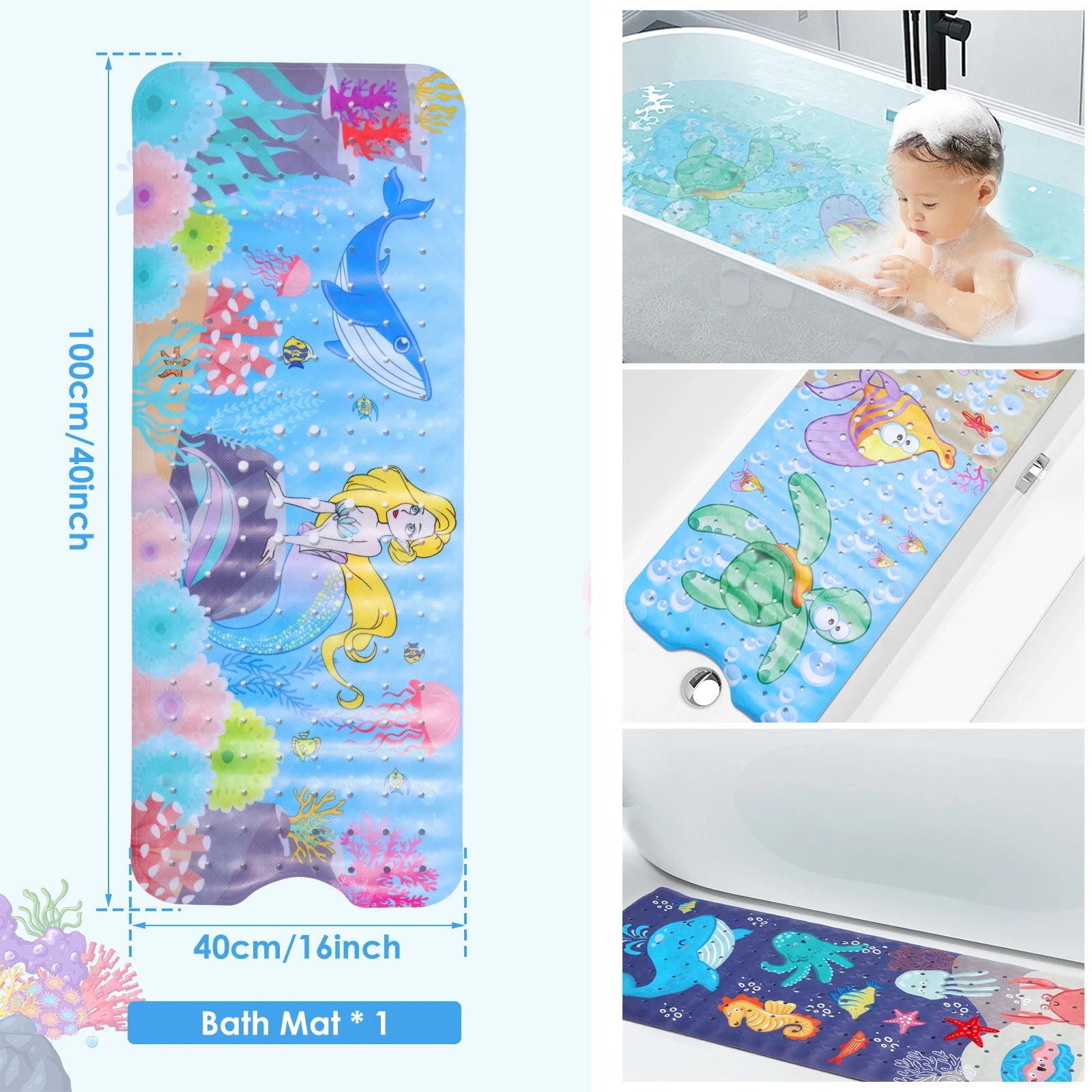 Alfombrilla de Baño Antideslizante para Bebés con Ventosas y Agujero de Drenaje, Alfombrilla de Ducha para Niños con Diseño de Mundo Marino de Dibujos Animados