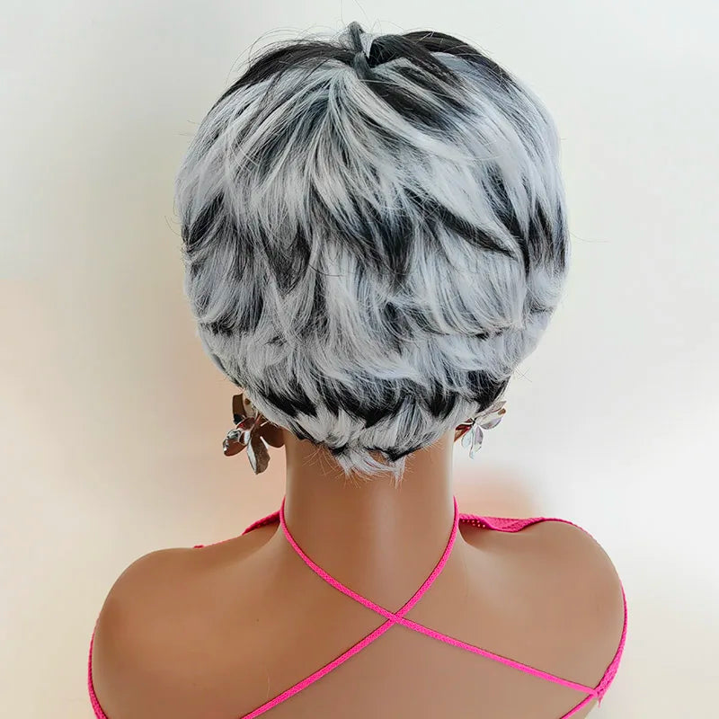 Short Pixie Cut Wigs Black Ombre White Synthetic Hair Wig with Bangs Heat Soft US