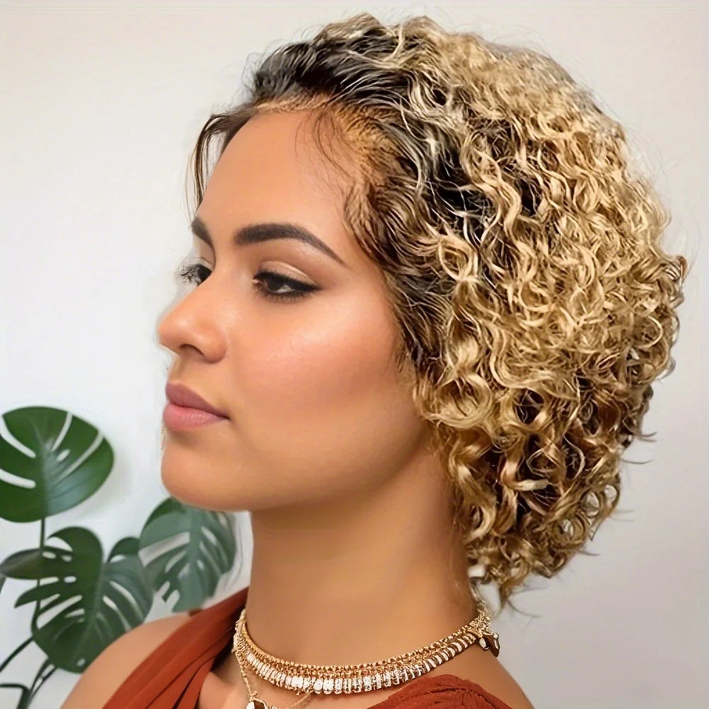 13x1 Lace Front 1B99J Burgundy 1B27 Colored Short Curly Pixie Cut Wig Pre plucked Bob Wig Curly Human Hair Wig