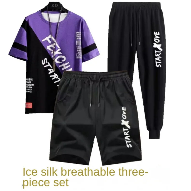 Youth quick-drying sports shorts three-piece set men's summer student suit men's casual thin trendy short sleeve t-shirt
