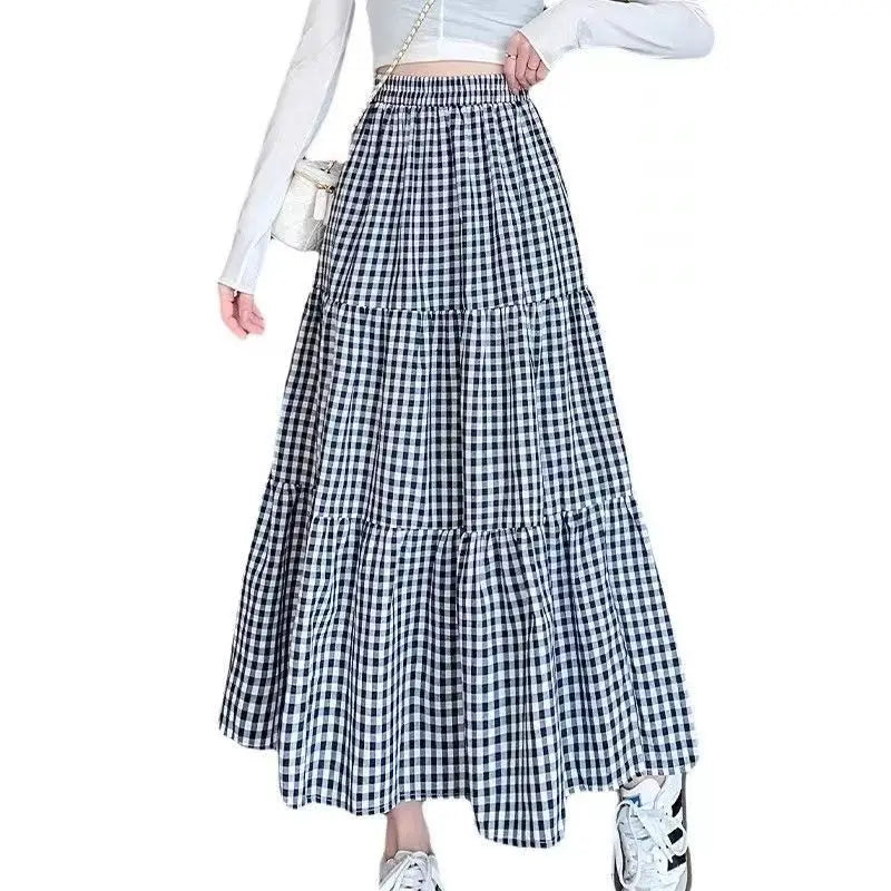 Jupe patchwork à volants pour femme, style vintage, à carreaux, taille haute, élastique, amincissante, mi-longue, été