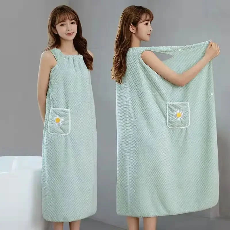 Toalla de baño para el hogar, ropa de mujer, adultos, absorbente de agua, de algodón puro, para secar el cabello, falda, estilo largo, bata de baño lavable